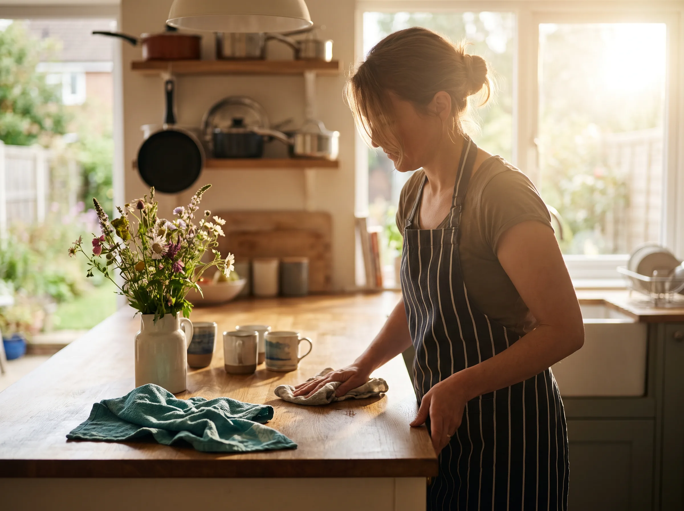 A cleaner wiping a sunlit kitchen countertop in a bright family home