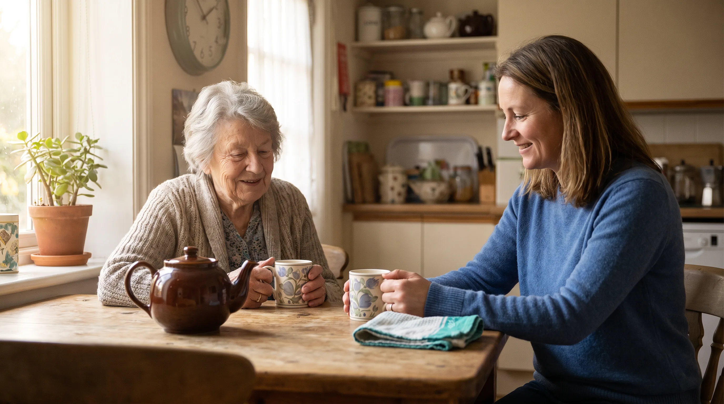 A support worker and an elderly woman sharing tea and conversation at a kitchen table
