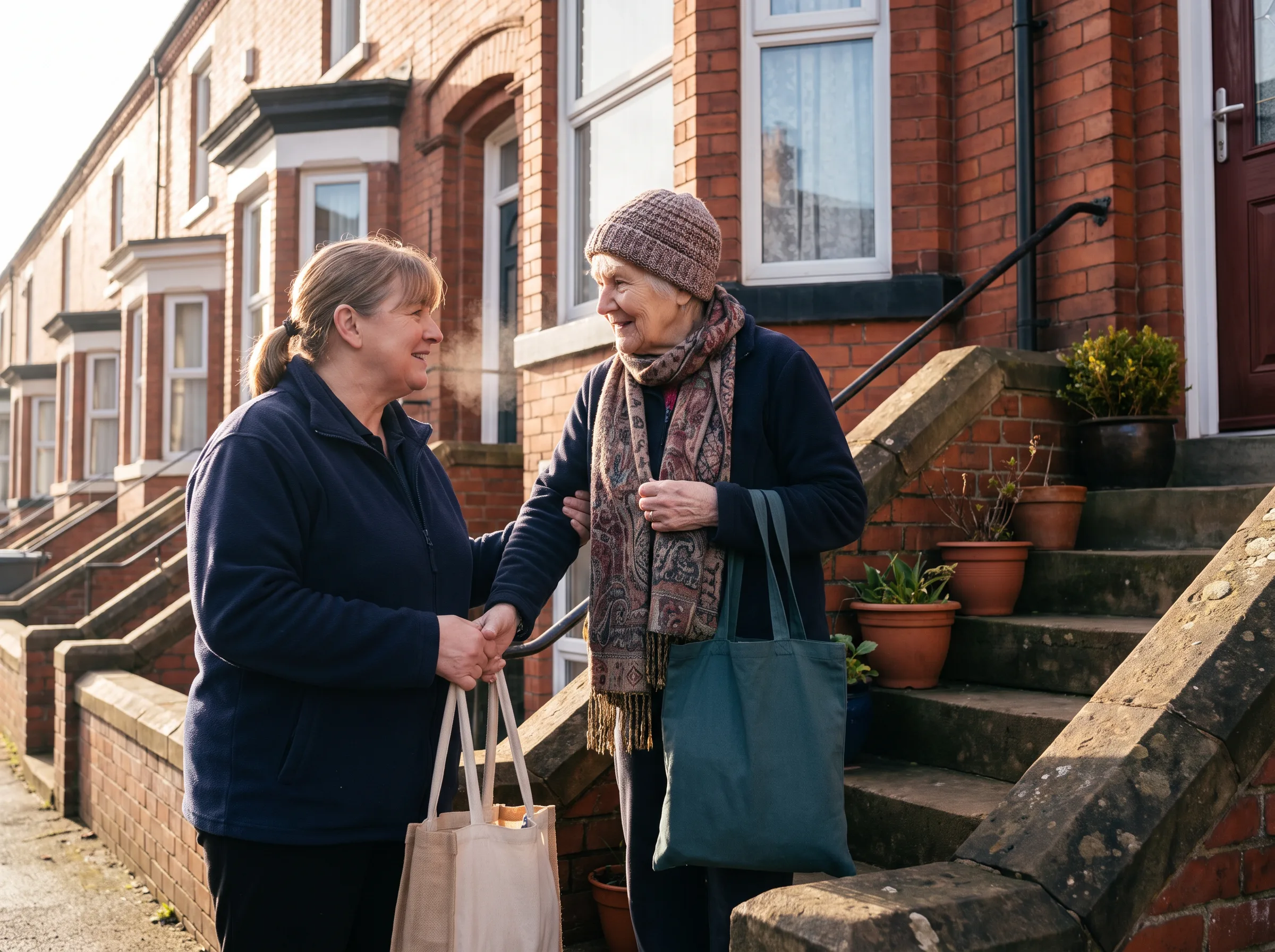 A support worker helping an elderly woman carry shopping bags up her front steps