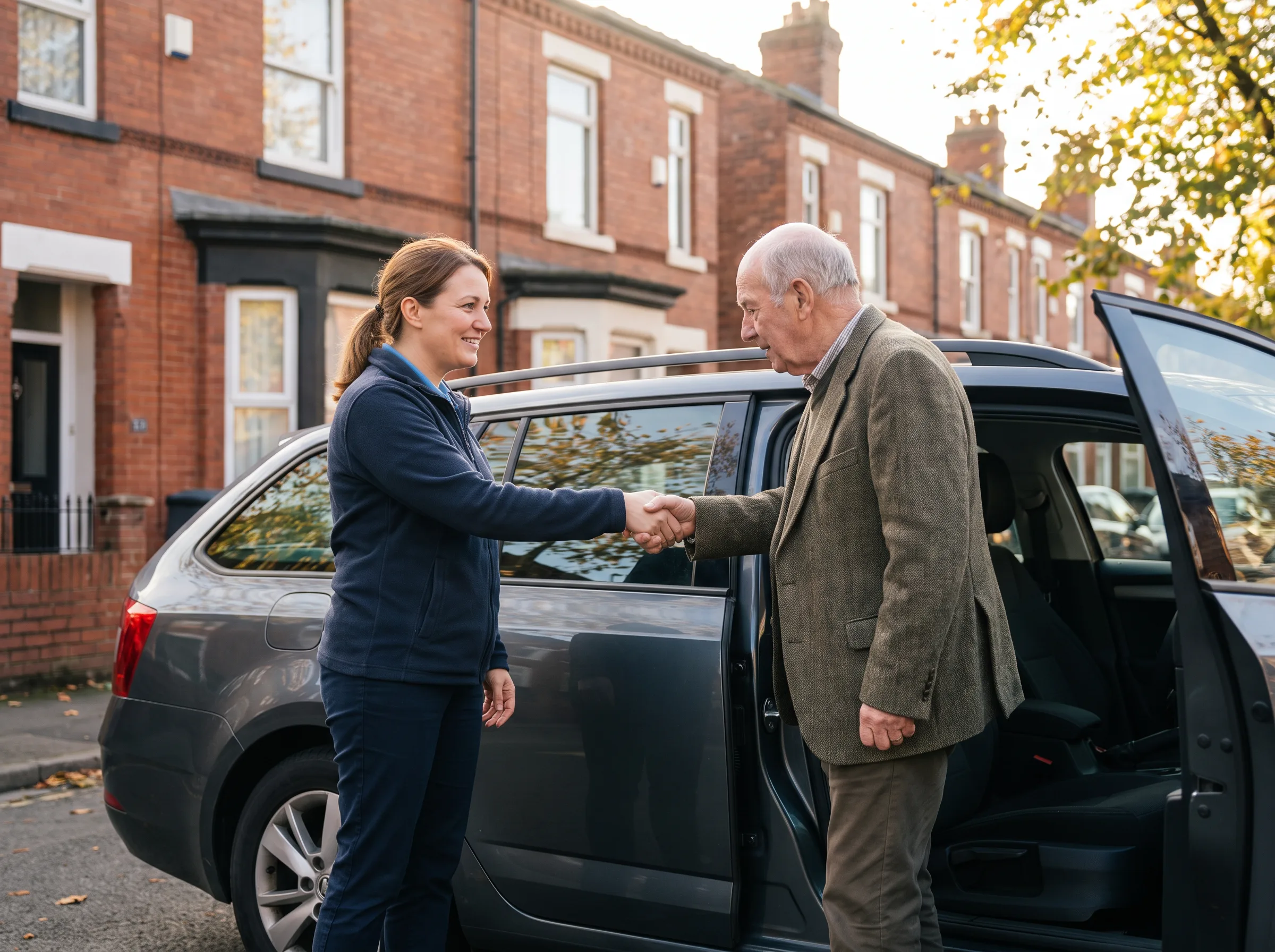 A support worker helping an elderly man into the passenger seat of a car